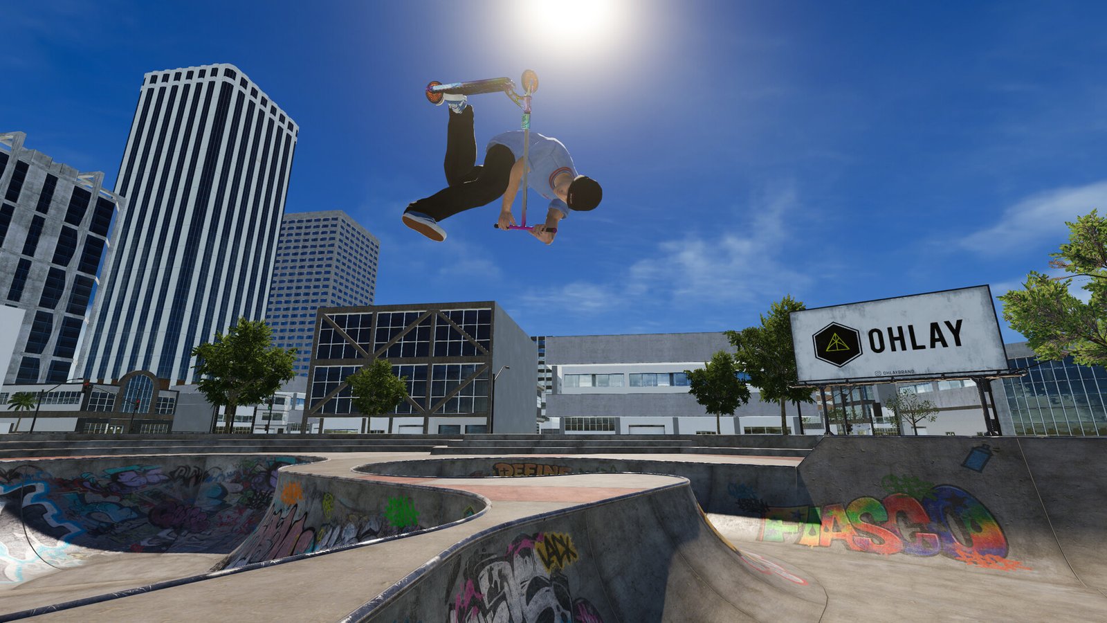ScooterFlow screenshot: a rider mid-air upside down on a scooter above a graffiti-covered skatepark, city towers behind.